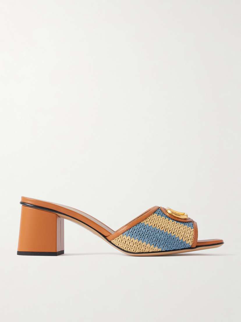 Valentino Garavani Vlogo Signature 60 Leather-trimmed Striped Raffia Mules