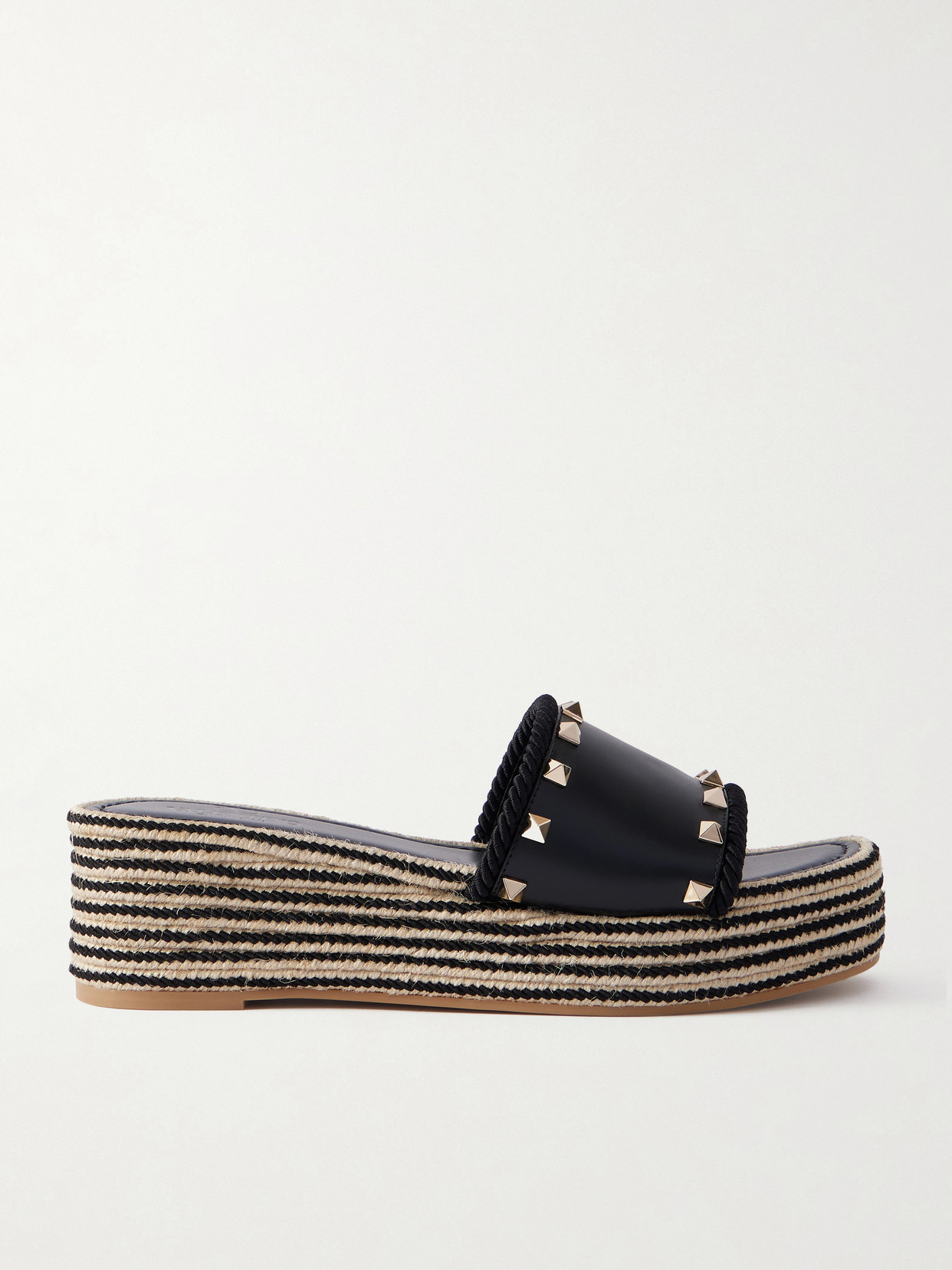 Valentino Garavani Rockstud Leather Platform Espadrille Slides In Black
