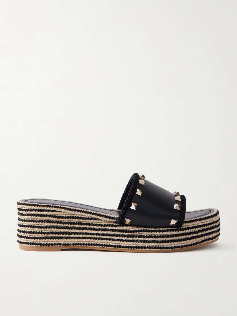 Valentino Garavani Rockstud Leather Platform Espadrille Slides