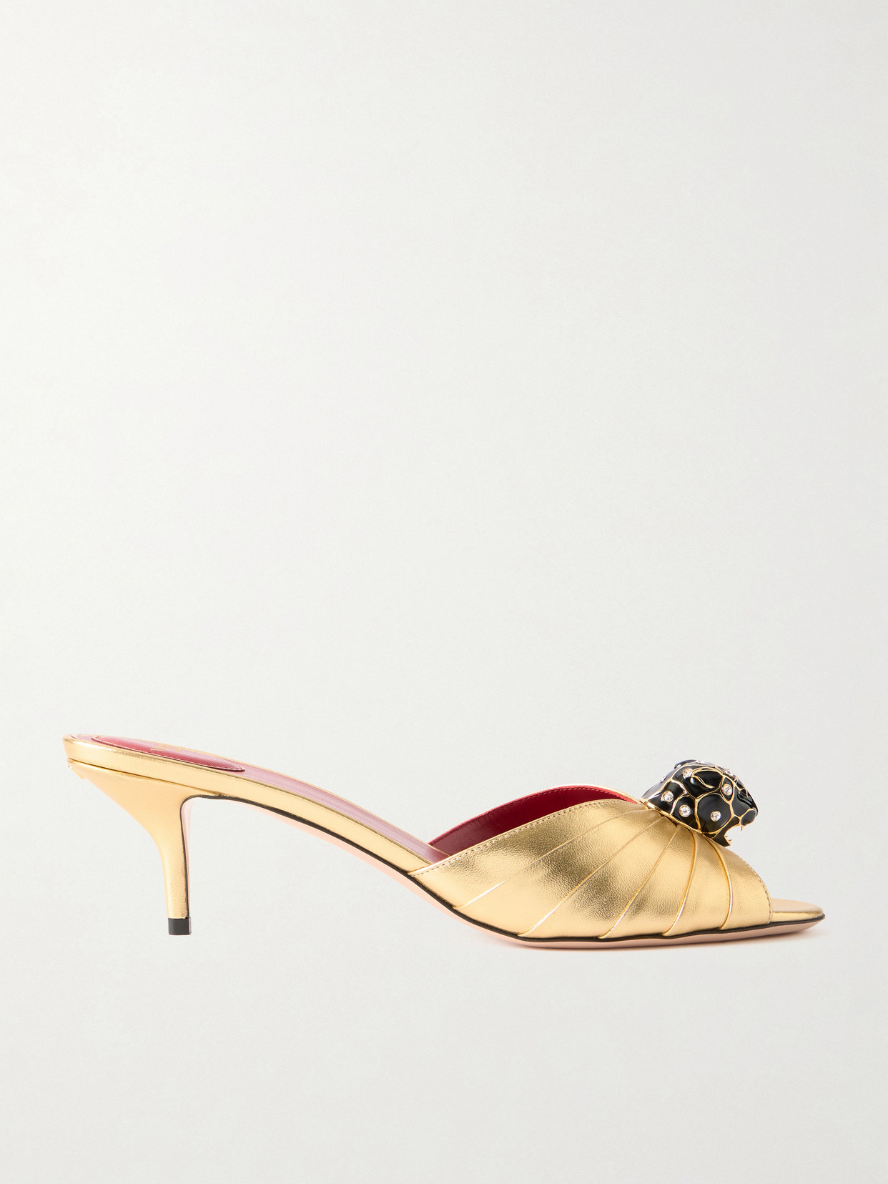 Valentino Garavani Panthea 55 Embellished Gathered Metallic-leather Mules In Gold