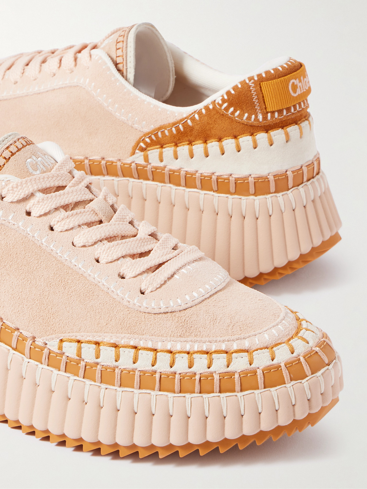 Chloé Nama Embroidered Leather-trimmed Suede Platform Sneakers In Neutral