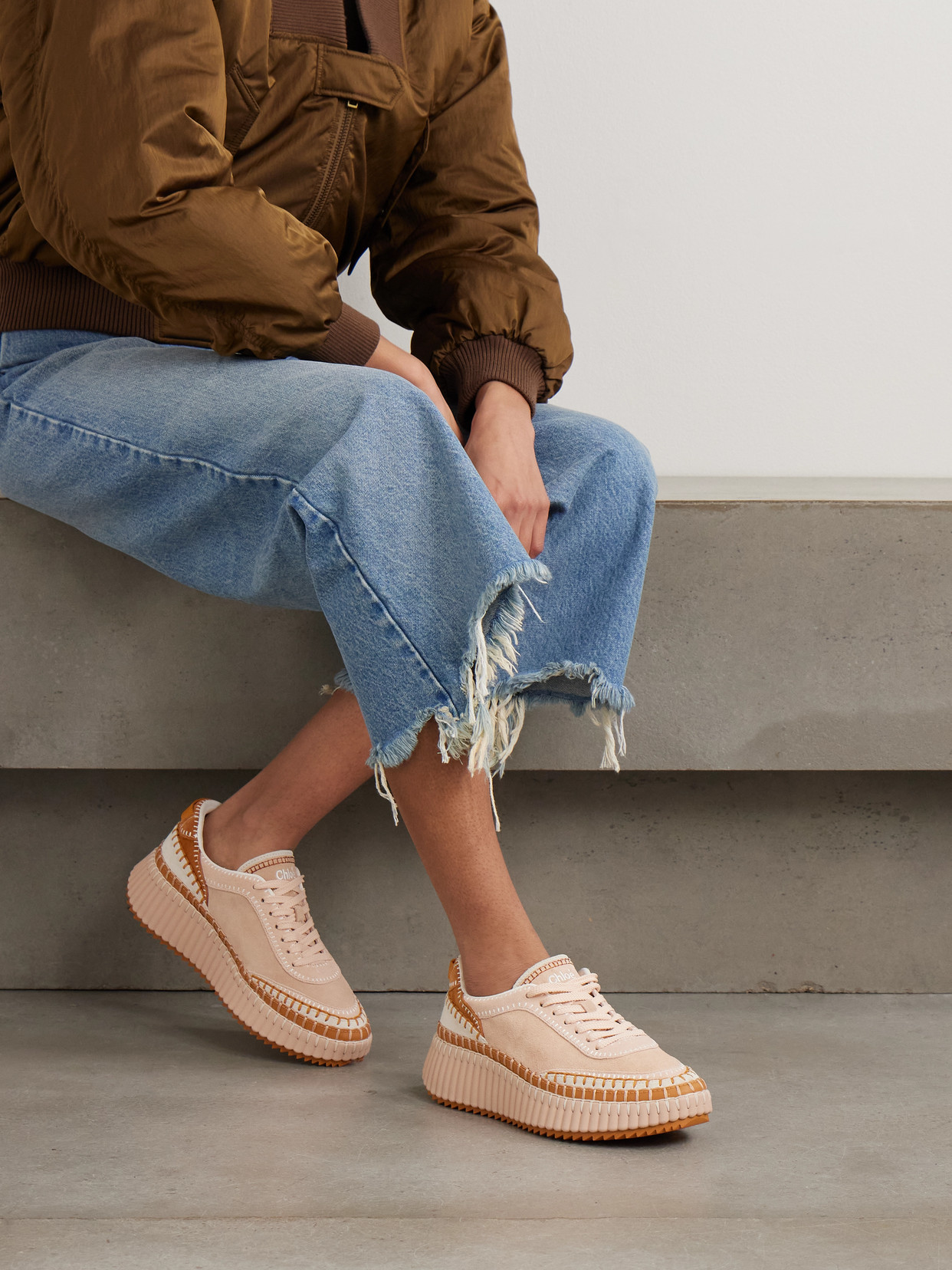 Chloé Nama Embroidered Leather-trimmed Suede Platform Sneakers In Neutral