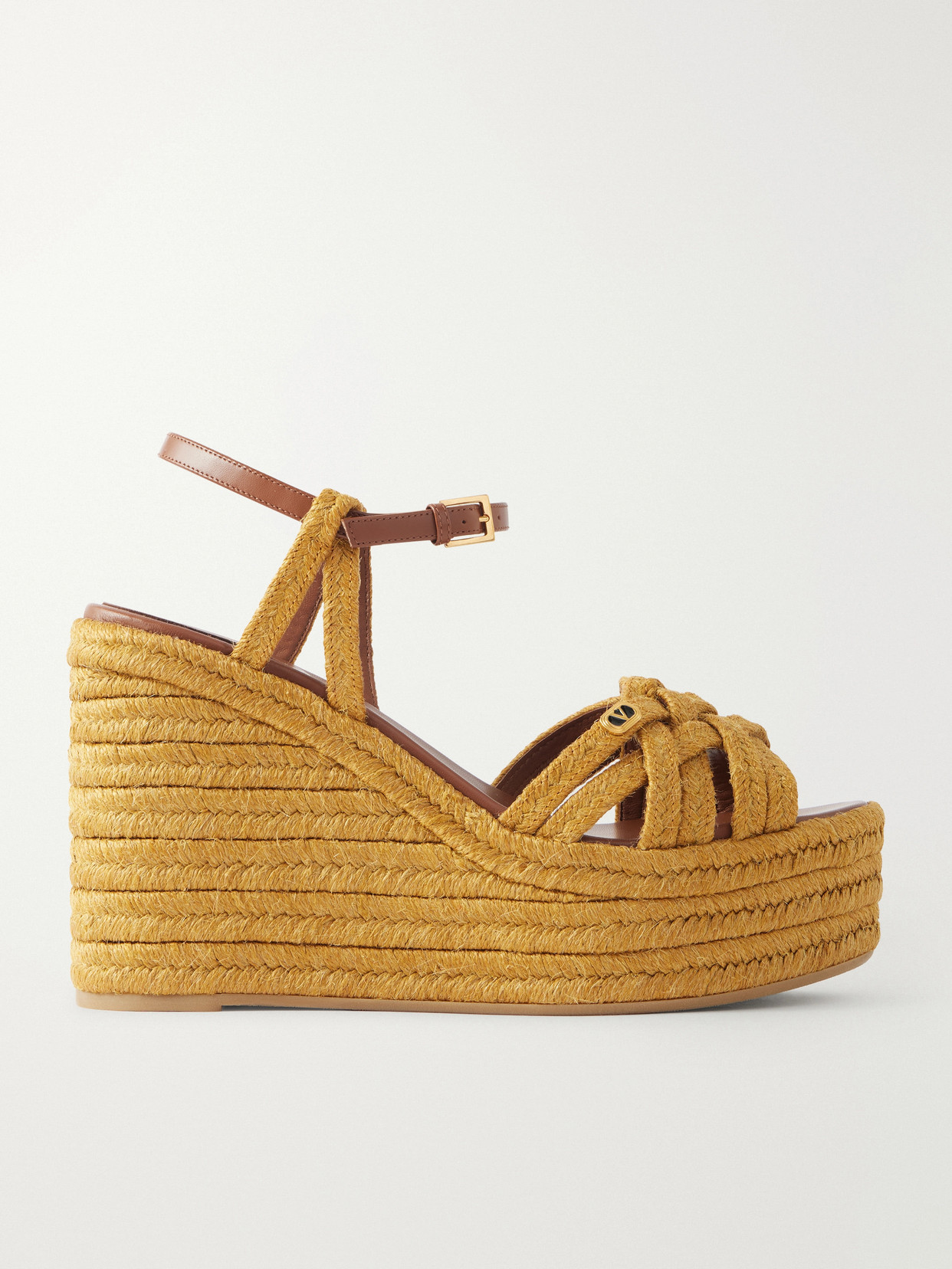 Valentino Garavani 120 Leather-trimmed Logo-embellished Raffia Espadrille Wedge Sandals In Brown