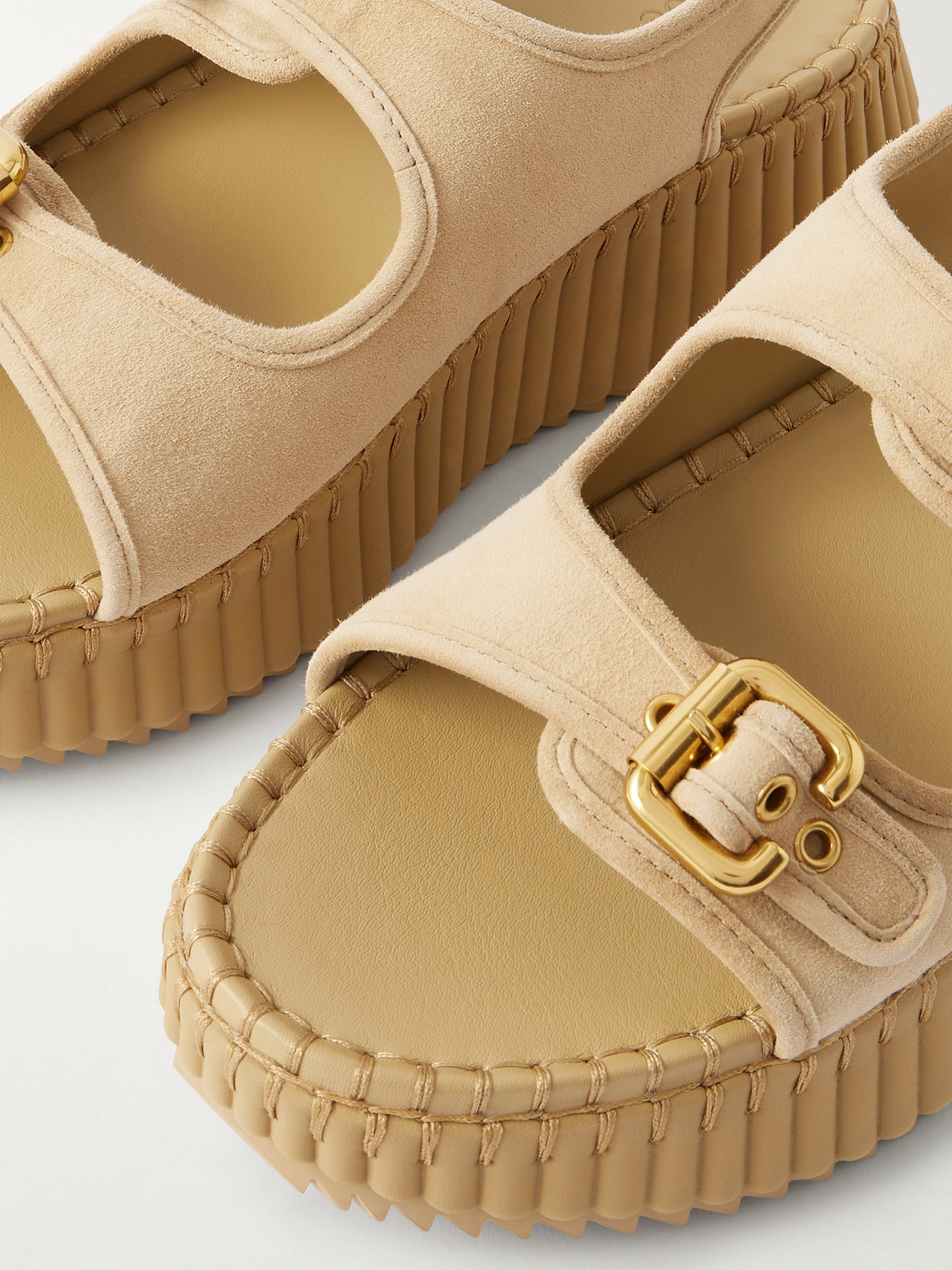 Chloé Chloe Nama Whipstitched Suede Wedge Sandals In Nude