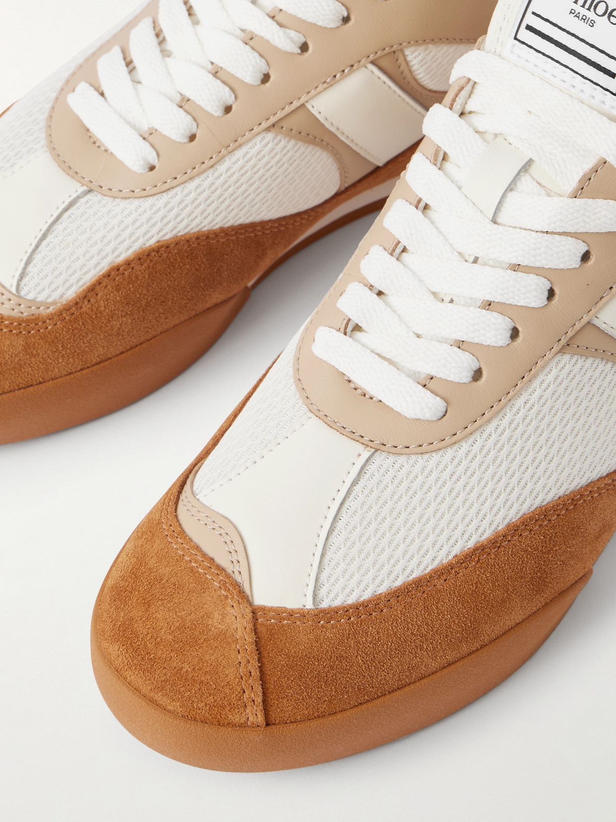 Chloé Kick Leather And Suede-trimmed Mesh Sneakers In Brown