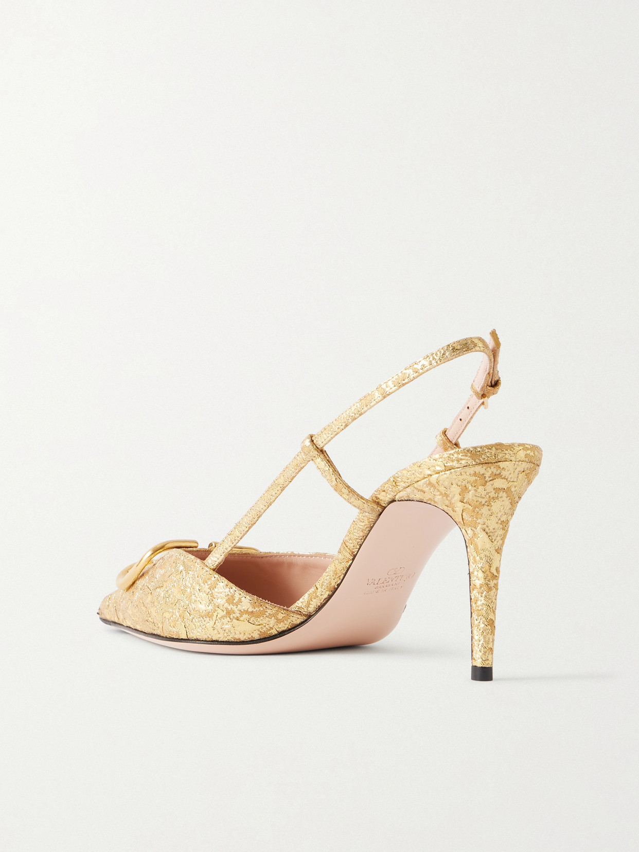 Valentino Vlogo Embellished Cloqué-jacquard Slingback Pumps In Gold