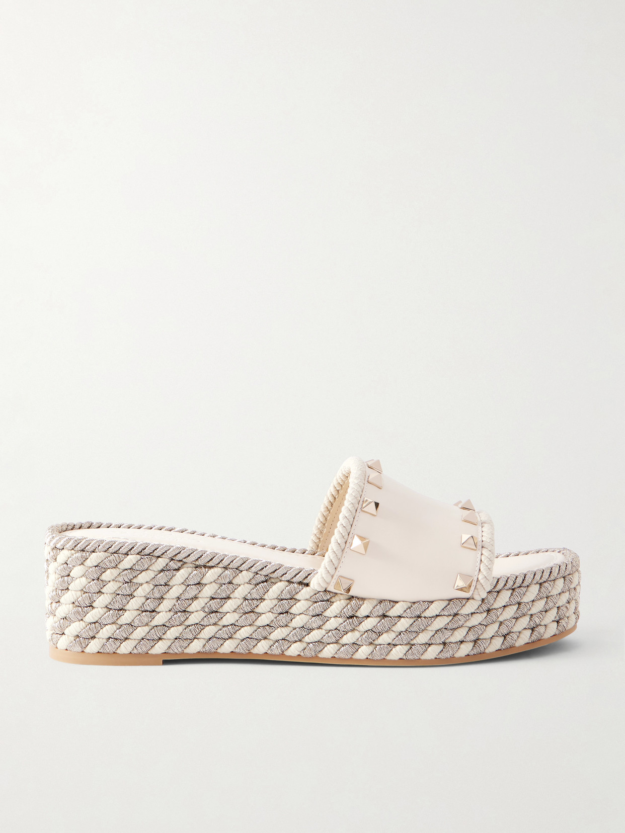 Valentino Garavani Rockstud Leather Platform Espadrille Slides In White