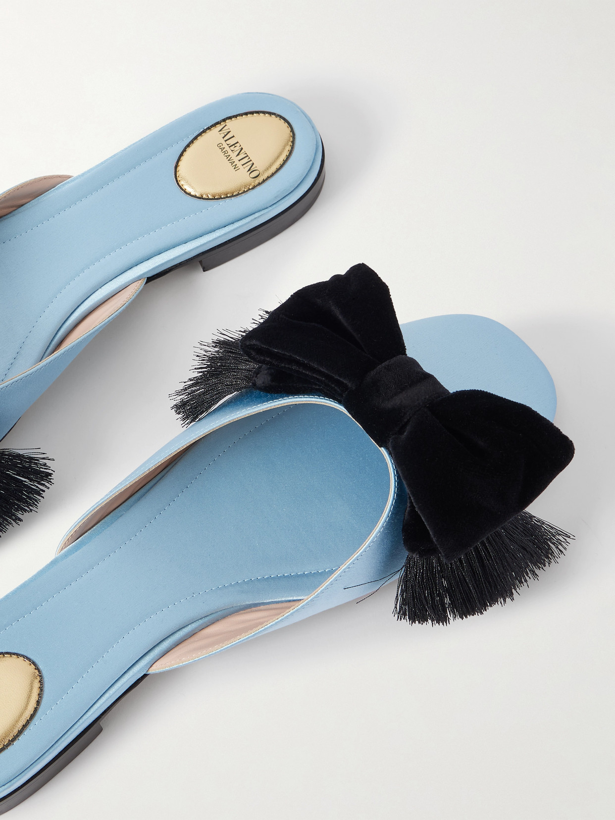 Valentino Reinette Bow-embellished Velvet-trimmed Satin Mules In Blue