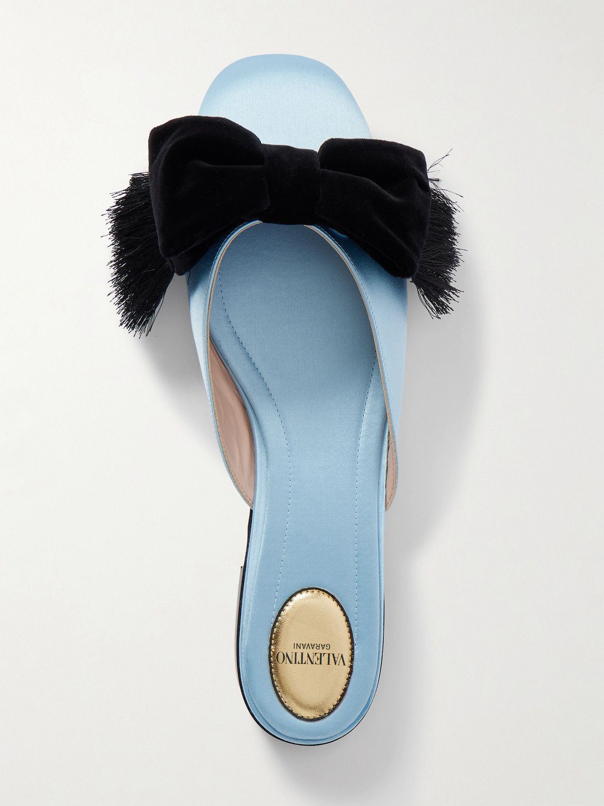 Valentino Reinette Bow-embellished Velvet-trimmed Satin Mules In Blue