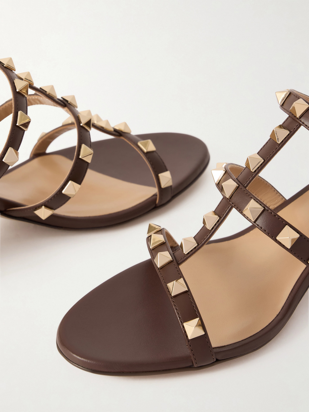 Valentino Garavani Brown Rockstud Metallic Calfskin Leather Slide Sandals