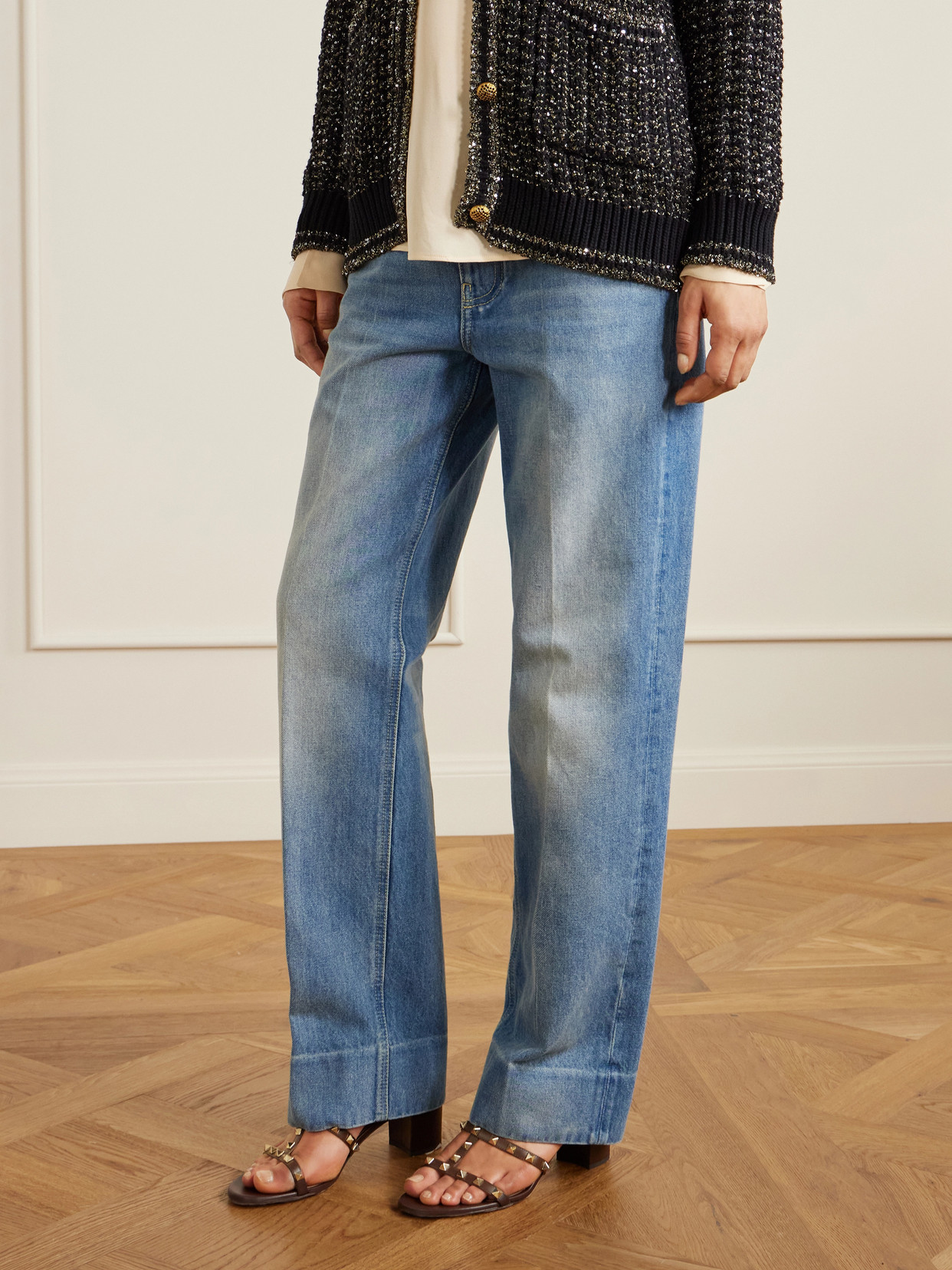 Valentino Garavani Brown Rockstud Metallic Calfskin Leather Slide Sandals