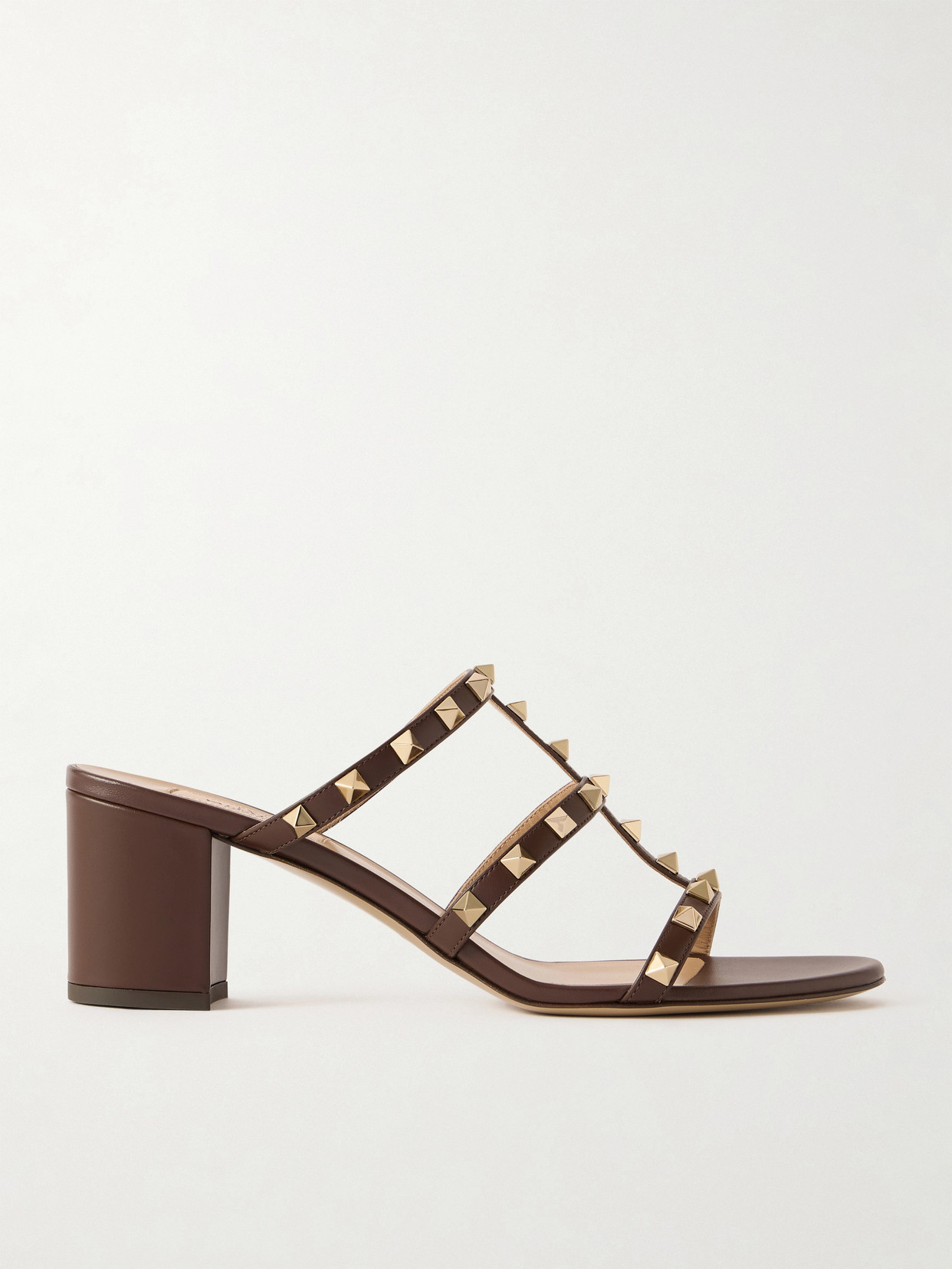 Valentino Garavani Brown Rockstud Metallic Calfskin Leather Slide Sandals