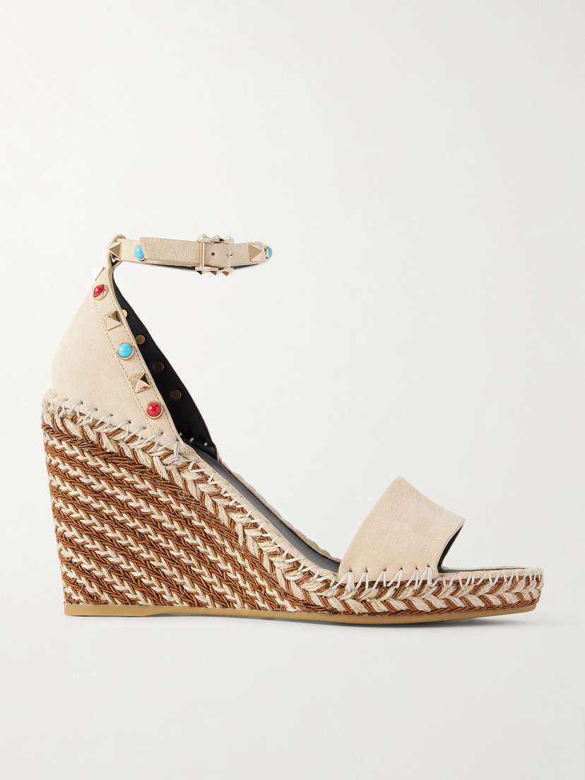 Valentino Garavani Rockstud 105 Bead-embellished Suede Espadrille Wedge Sandals