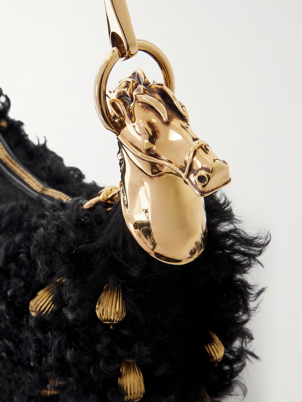 Chloé Chain Horse Embellished Shearling Shoulder Bag In Black
