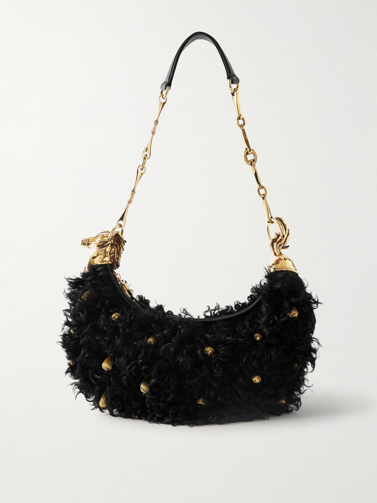 Chloé Chain Horse Embellished Shearling Shoulder Bag In Black