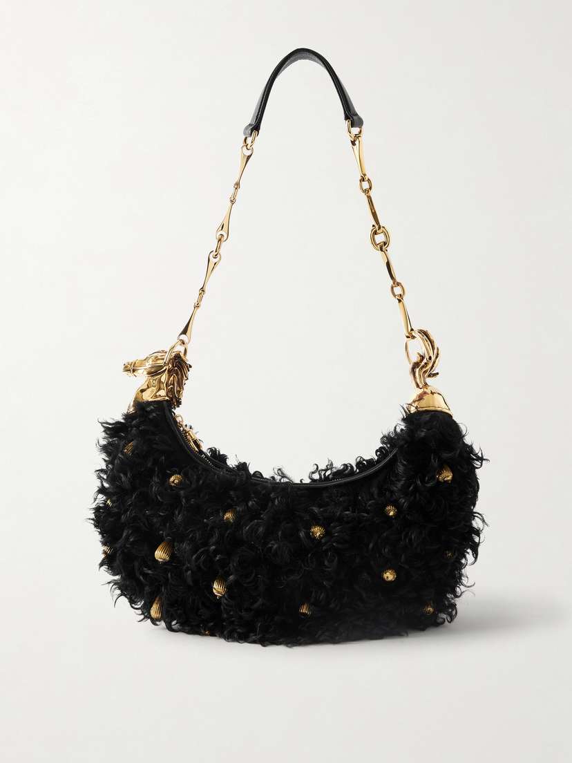 Chloé Chain Horse Embellished Shearling Shoulder Bag