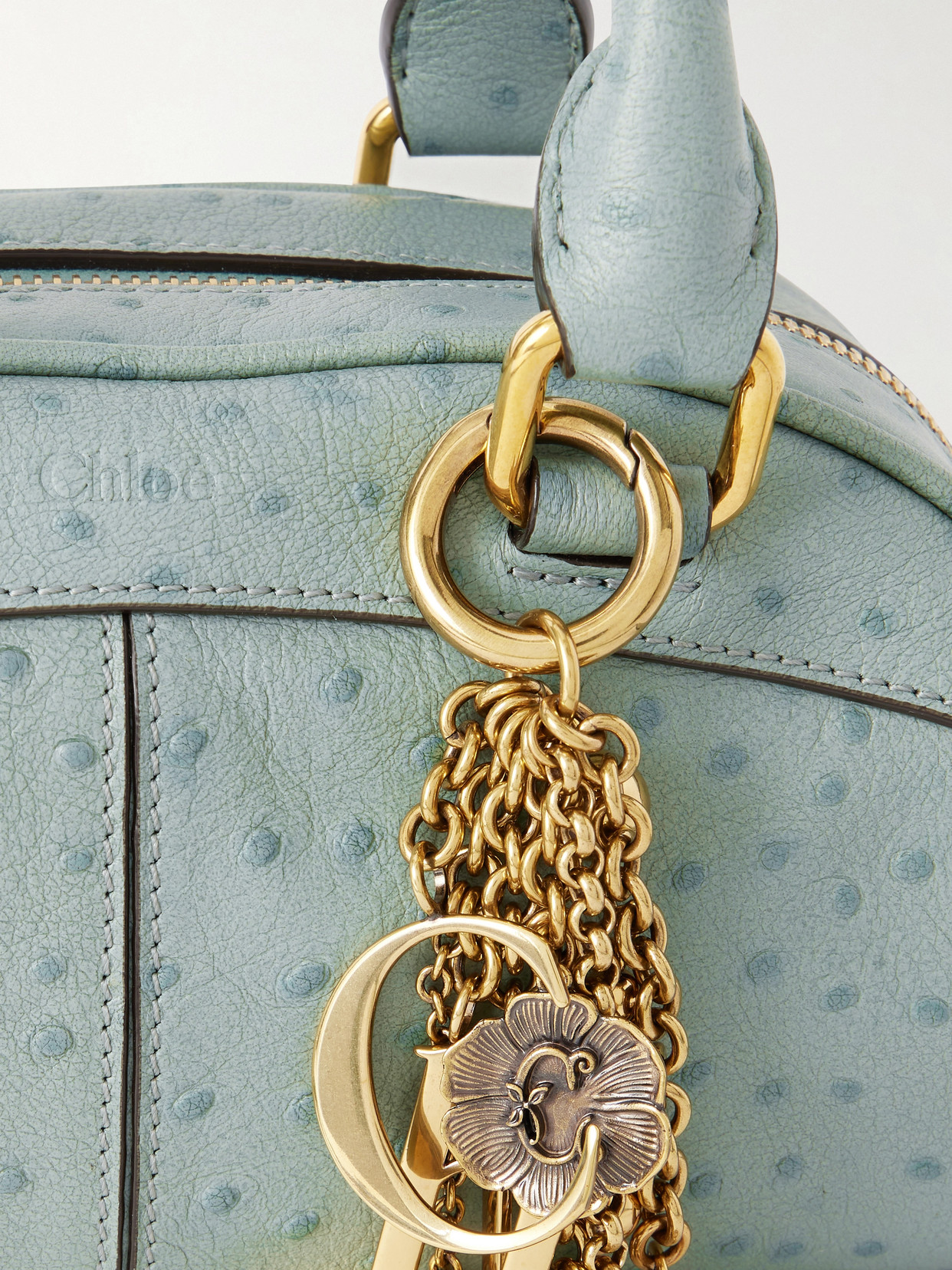 Chloé Bowling Embellished Ostrich-effect Leather Shoulder Bag In Blue