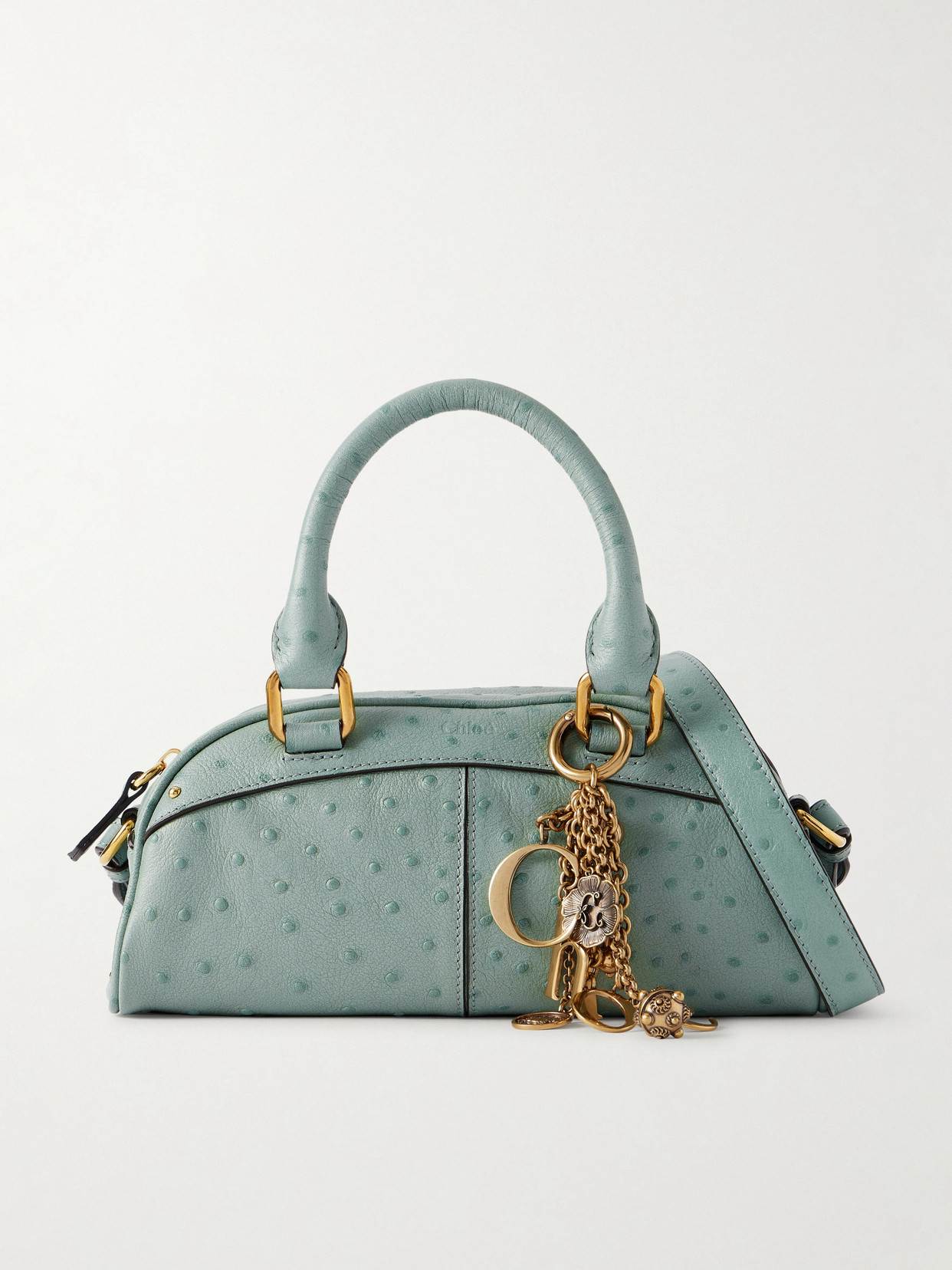 Chloé Bowling Embellished Ostrich-effect Leather Shoulder Bag In Blue