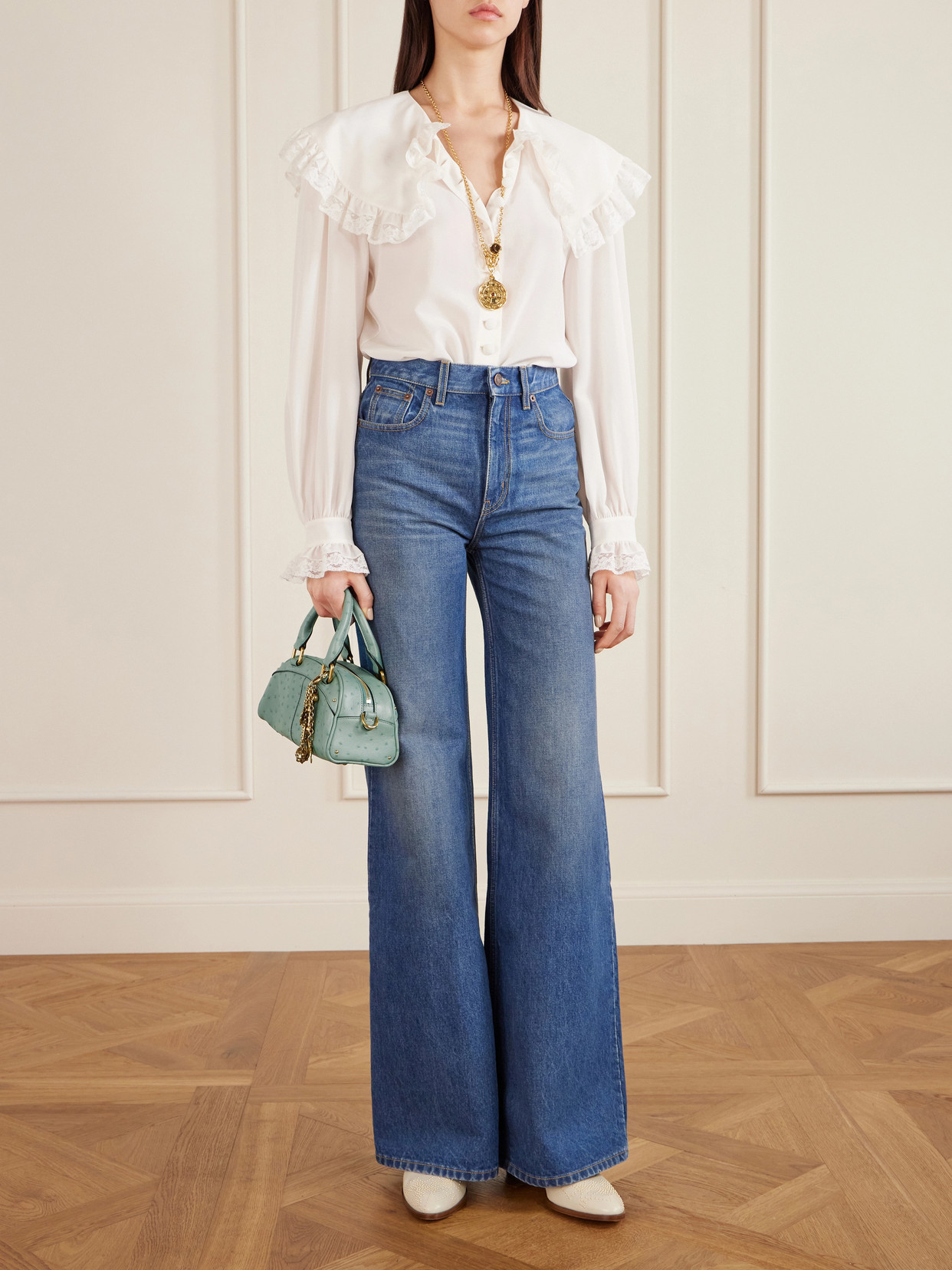 Chloé Bowling Embellished Ostrich-effect Leather Shoulder Bag In Blue