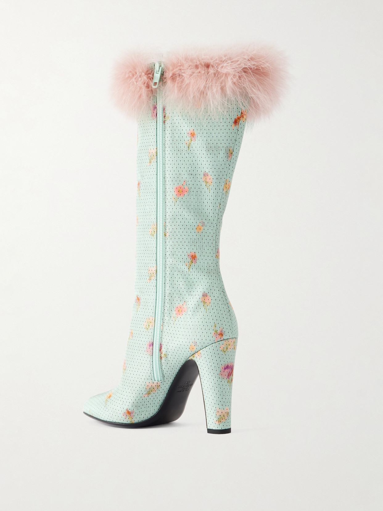Valentino Hotty 100 Feather-trimmed Printed Crepe Knee Boots In Green
