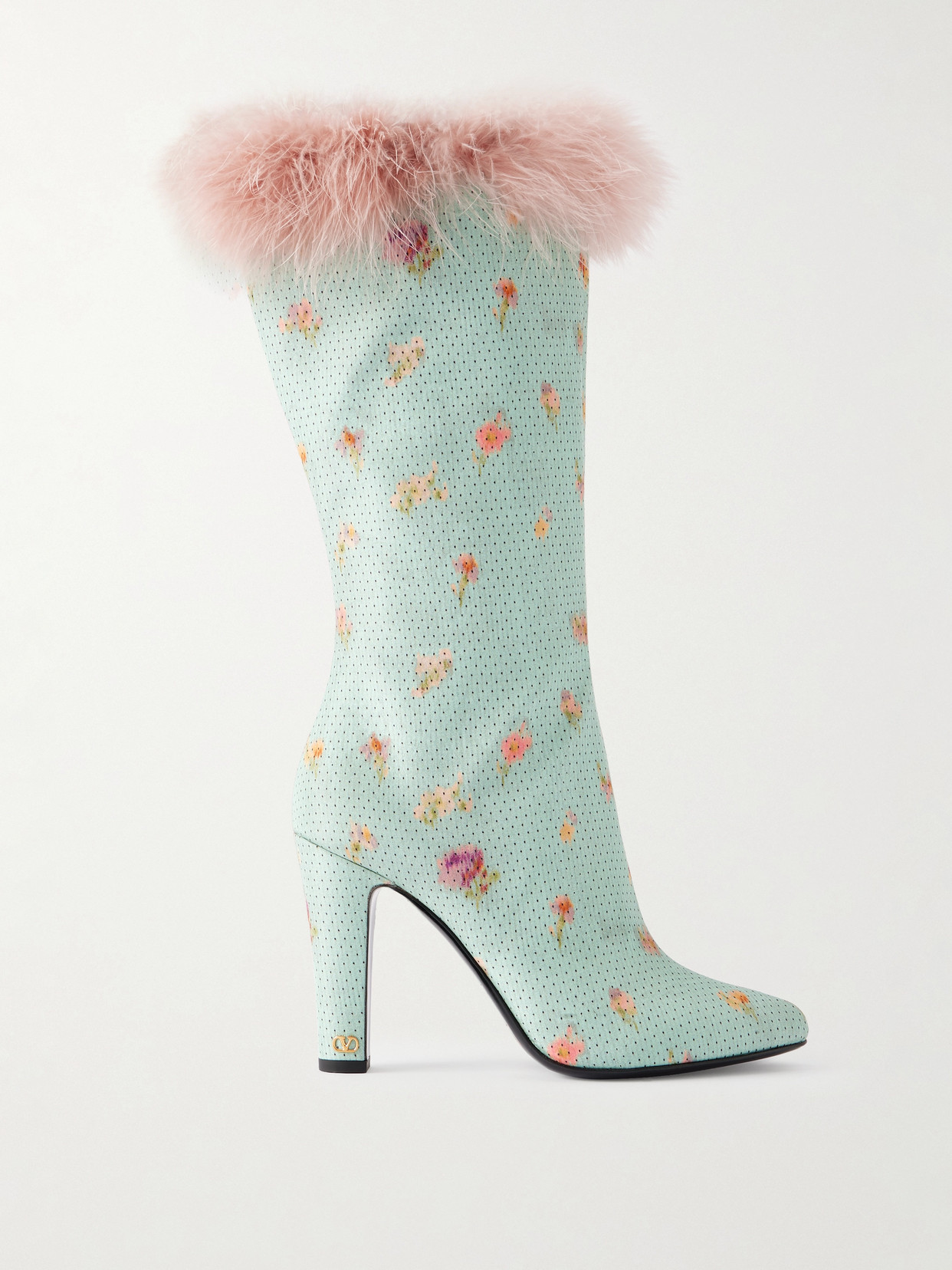 Valentino Garavani Hotty 100 Feather-trimmed Printed Crepe Knee Boots In Blue