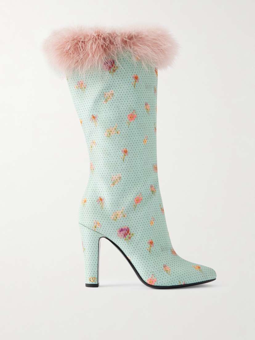 Valentino Garavani Hotty 100 Feather-trimmed Printed Crepe Knee Boots