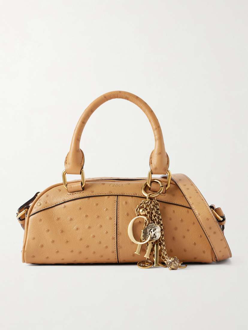 Chloé Bowling Embellished Ostrich-effect Leather Shoulder Bag