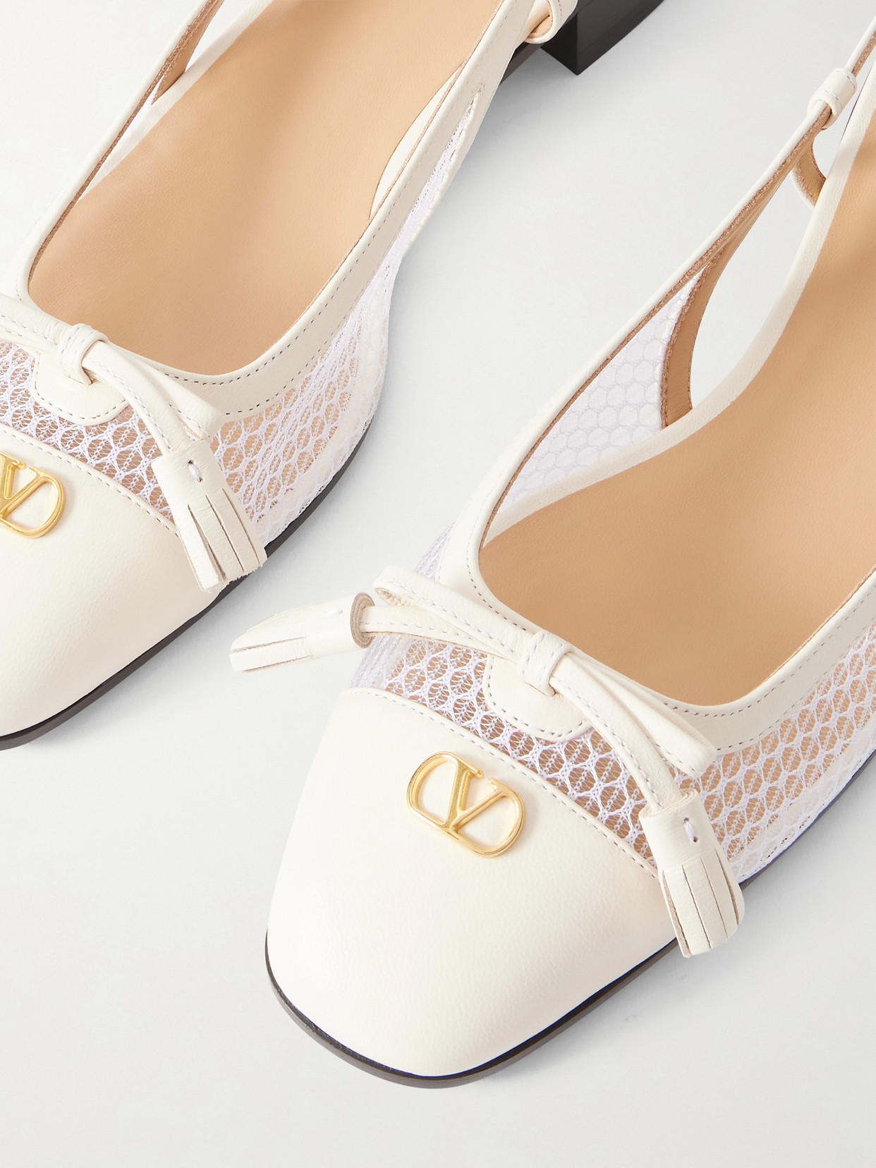 Valentino Garavani Valet Du Roi Tasseled Leather And Mesh Slingback Ballet Flats In White