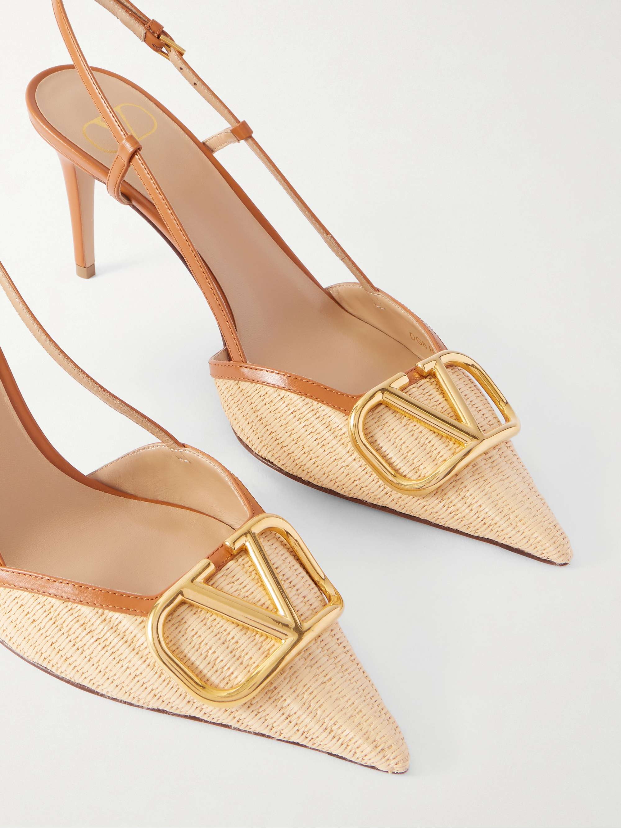 VALENTINO GARAVANI VLogo leather-trimmed raffia slingback pumps