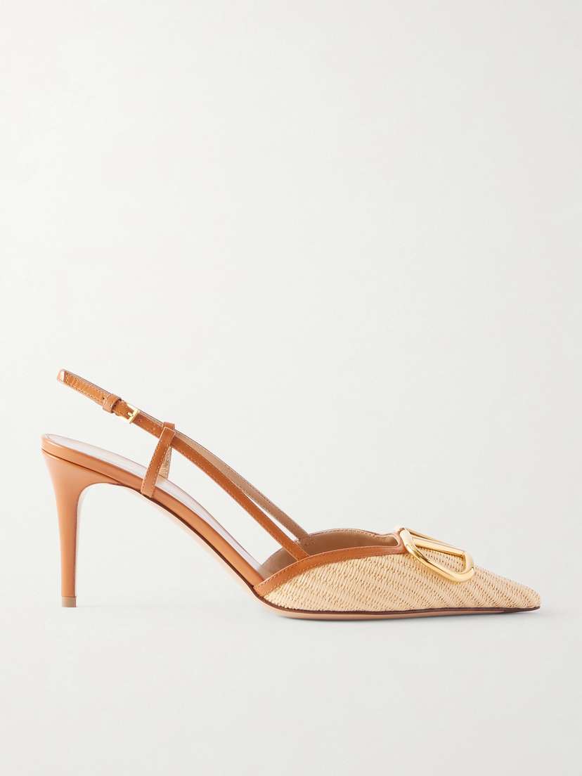 Valentino Garavani Vlogo Leather-trimmed Raffia Slingback Pumps
