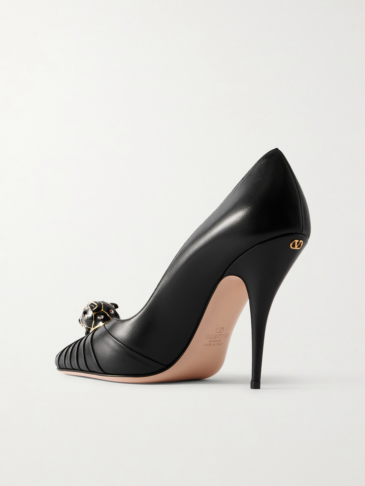 Valentino Garavani Pas De Chat 105 Embellished Gathered Textured-leather Pumps In Black