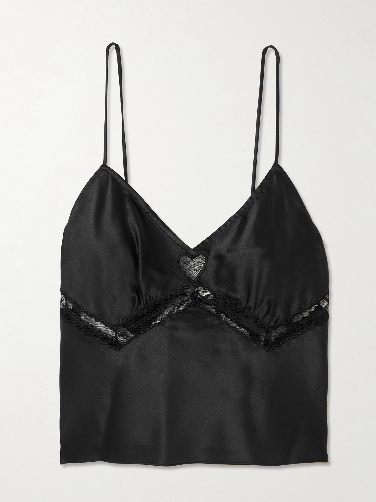 Staud Terra Cropped Lace-trimmed Silk-blend Satin Tank In Black