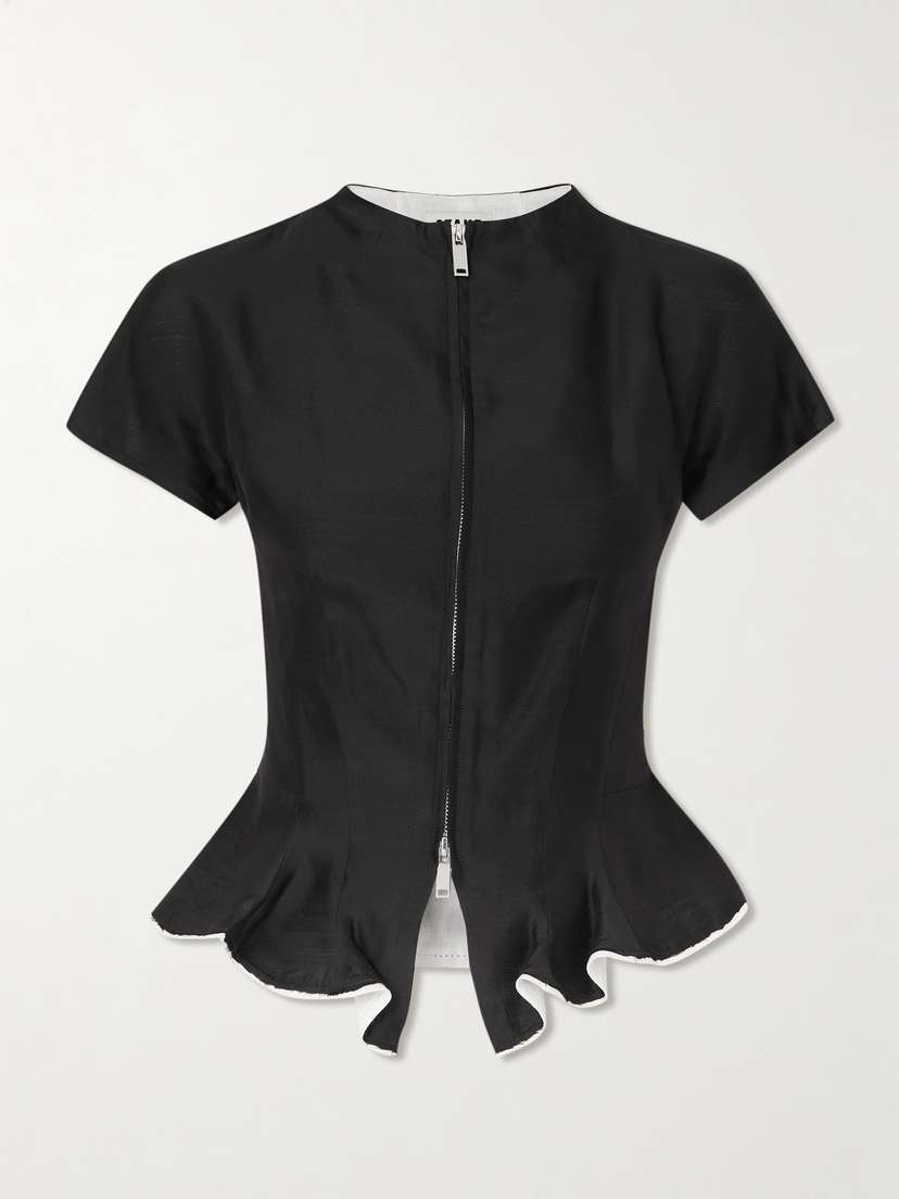 Staud Maelle Layered Frayed Linen-trimmed Wool-blend Peplum Blouse
