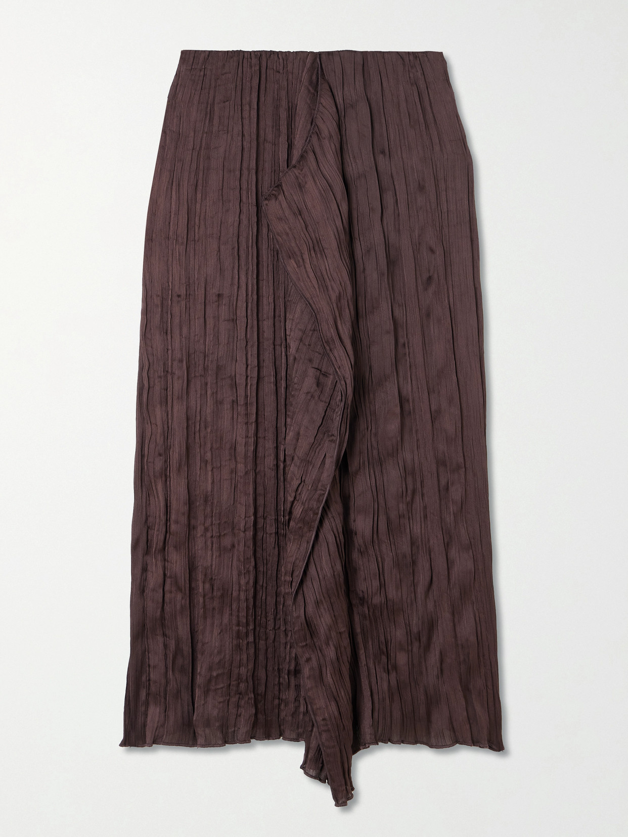 Staud Mai Draped Plissé-satin Midi Skirt In Brown