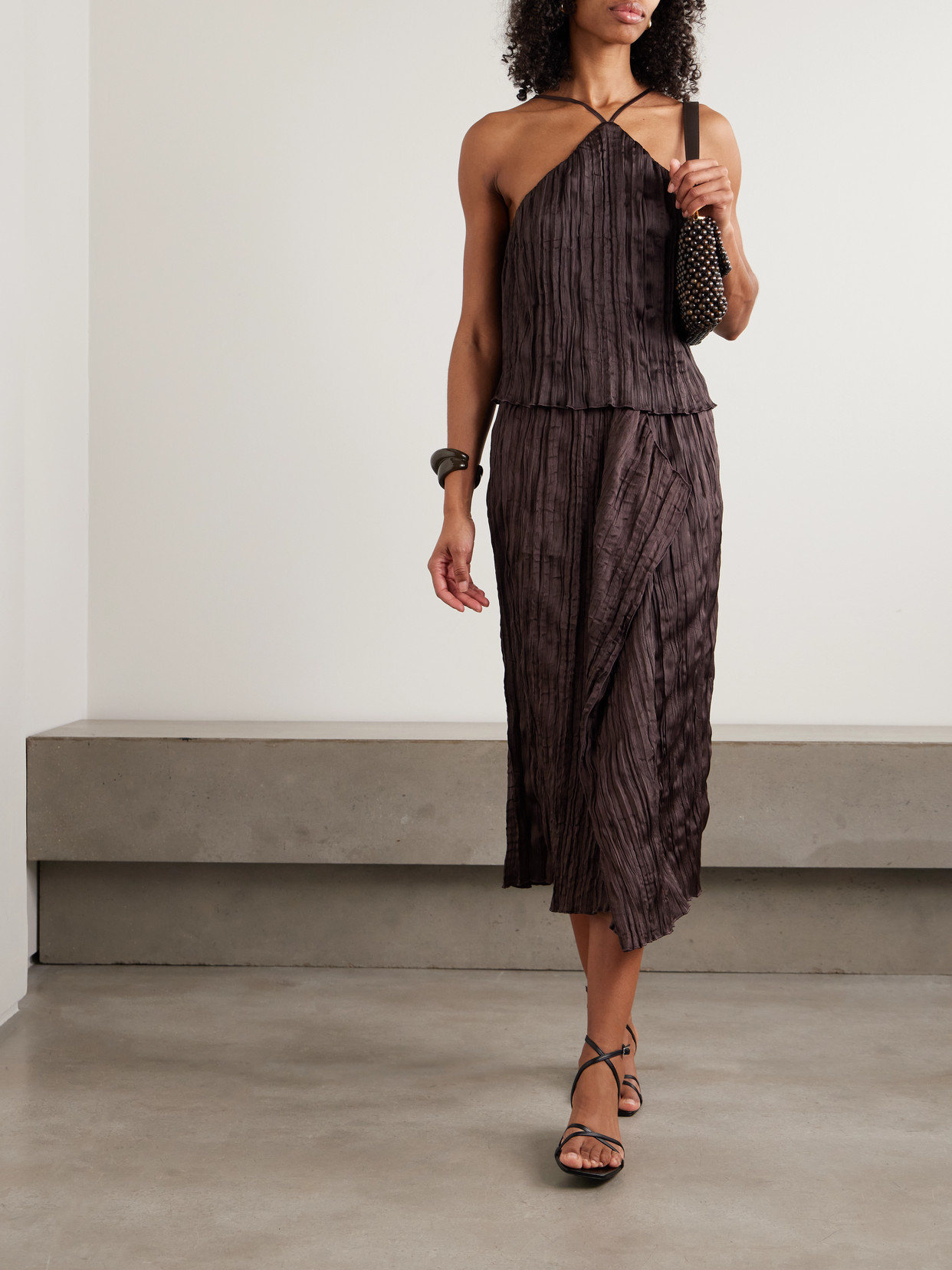 Mai Draped Plissé-Satin Midi