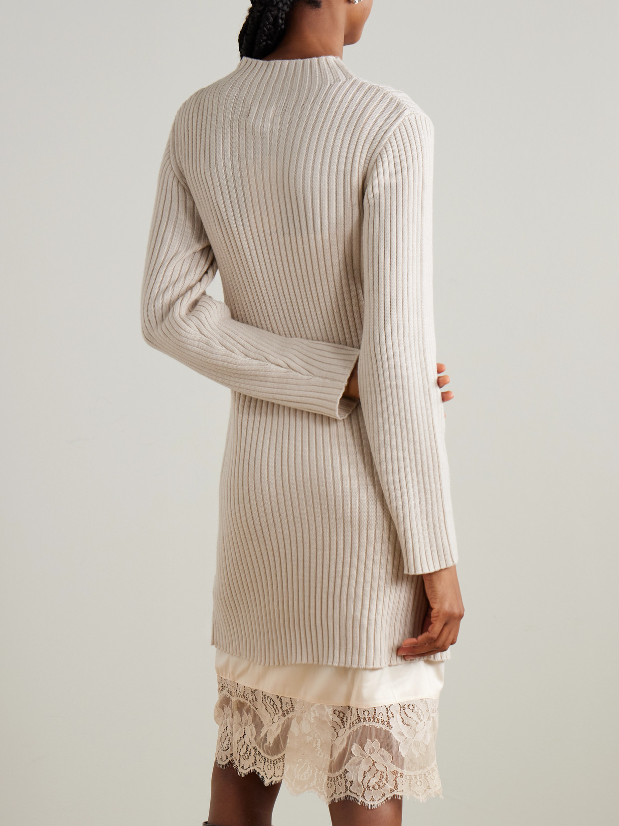 Staud Willow Layered Lace-trimmed Satin And Ribbed Wool-blend Midi Dress In Neutral