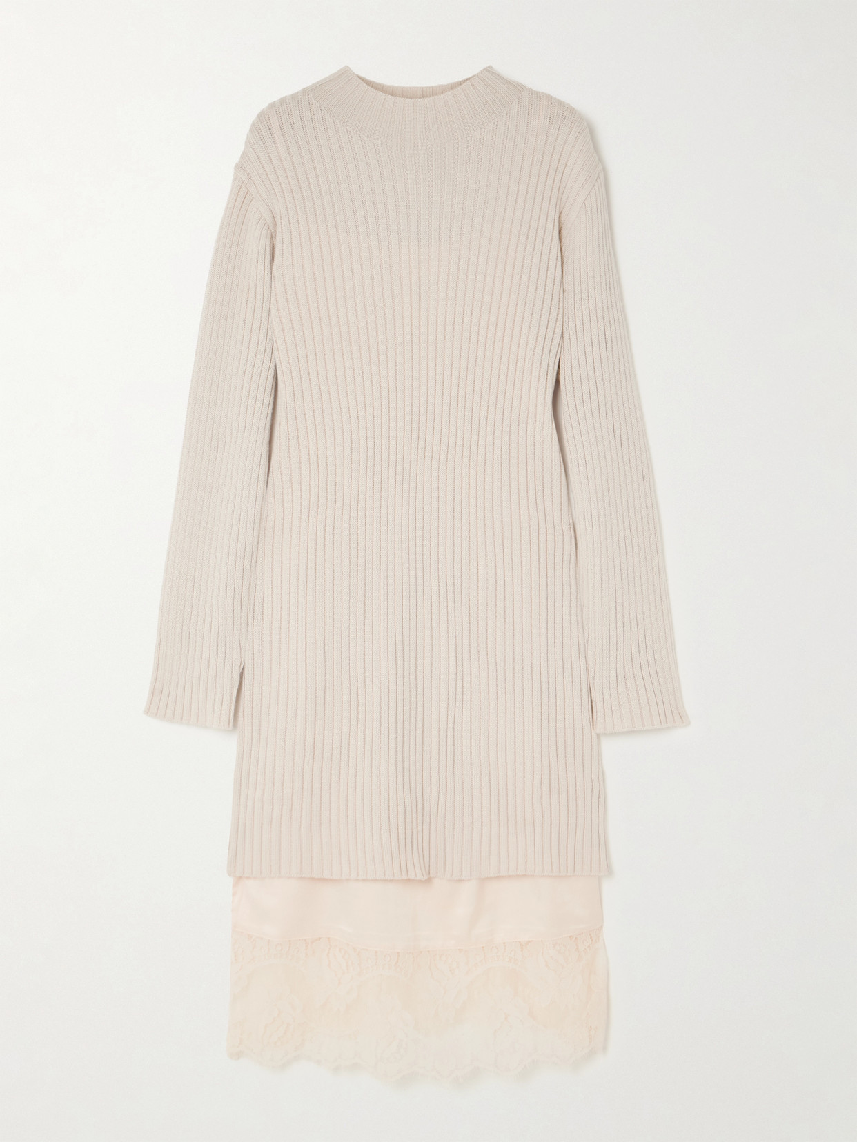 Staud Willow Layered Lace-trimmed Satin And Ribbed Wool-blend Midi Dress In Sand