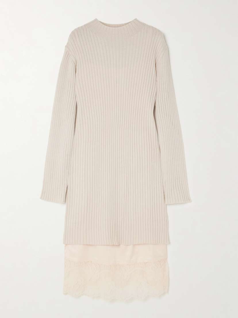 Staud Willow Layered Lace-trimmed Satin And Ribbed Wool-blend Midi Dress