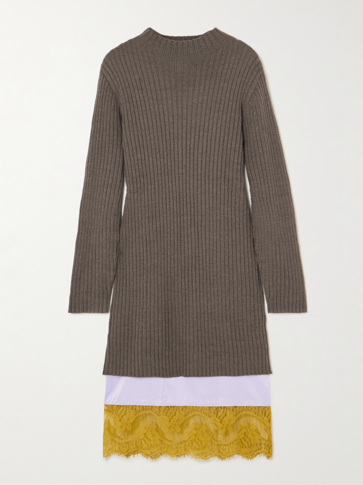 Staud Willow Layered Lace-trimmed Wool-blend And Satin Midi Dress In Gray