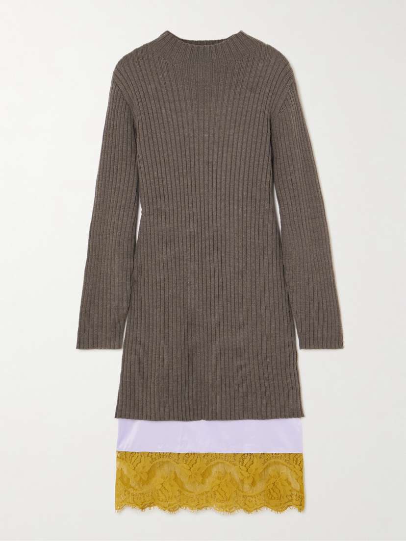 Staud Willow Layered Lace-trimmed Wool-blend And Satin Midi Dress