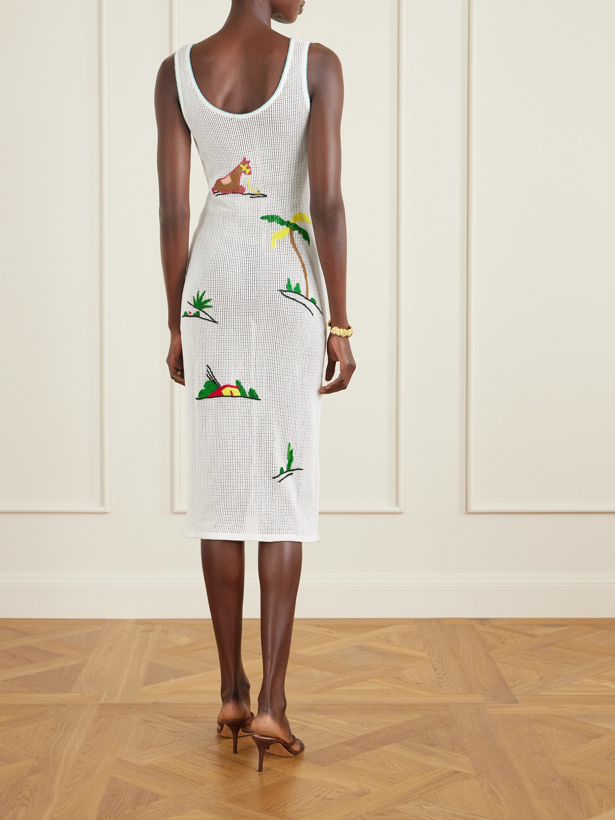 Staud Luma Embroidered Open-knit Cotton Midi Dress In White