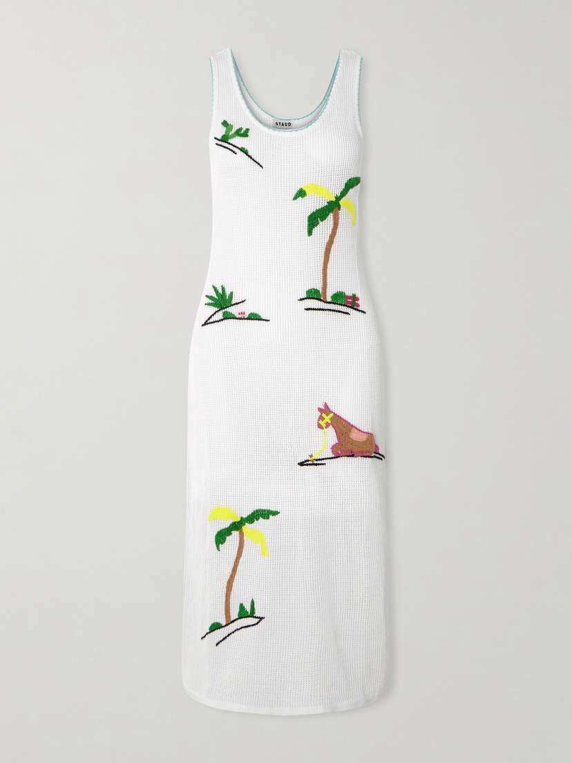 Staud Luma Embroidered Open-knit Cotton Midi Dress