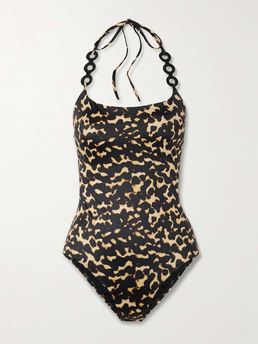 Staud Laird Embellished Printed Halterneck Swimsuit
