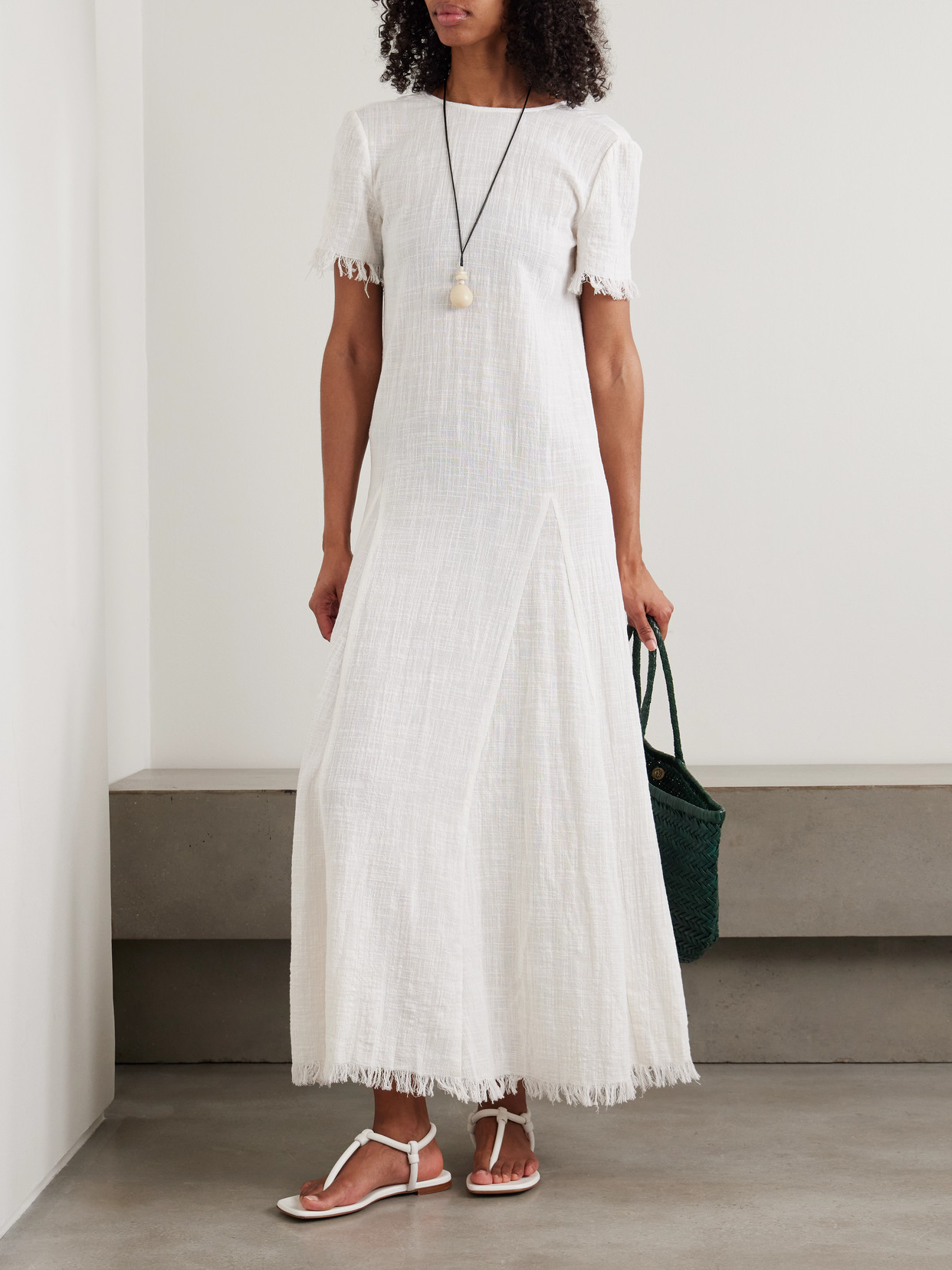 Staud Le Havre Fringed Cotton-gauze Midi Dress In White