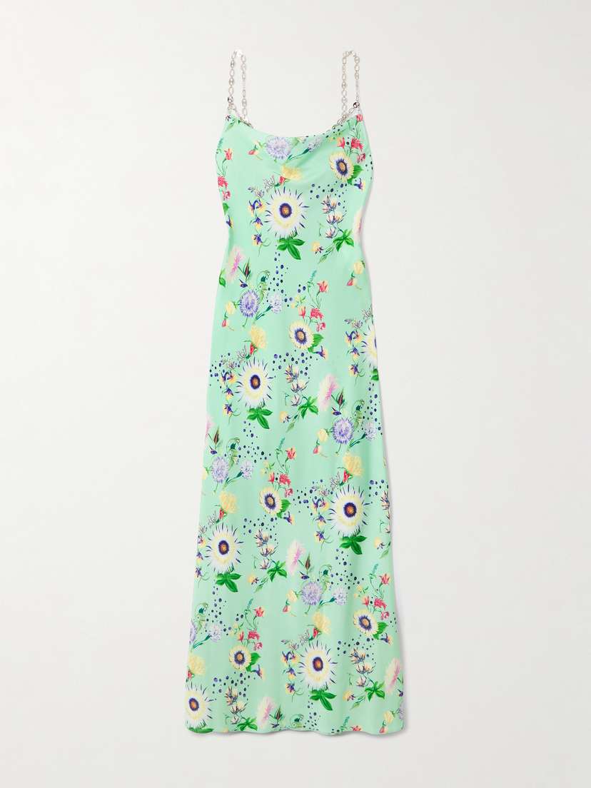 Chain-embellished Floral-print Satin Midi Dress