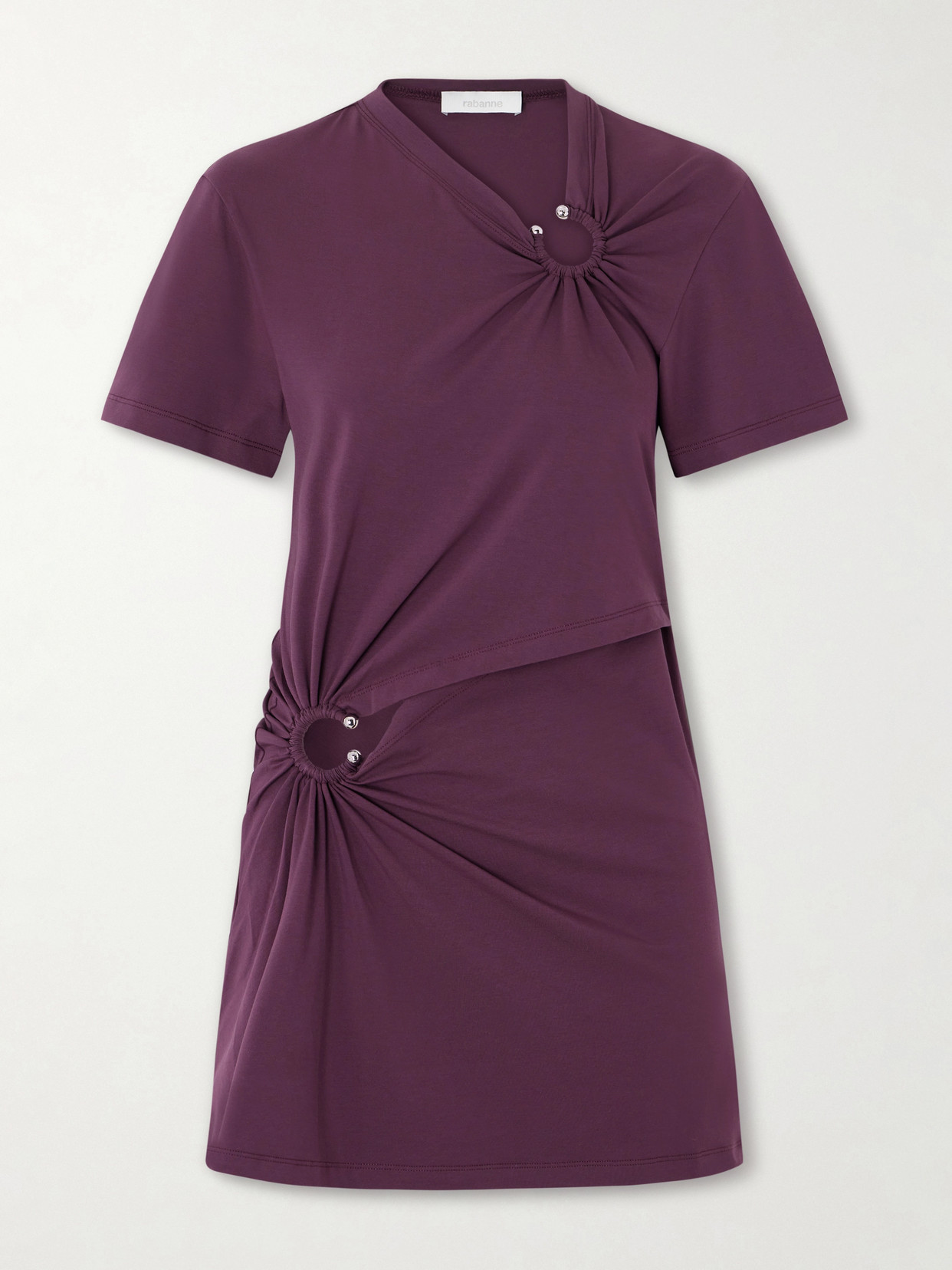 Rabanne Embellished Gathered Cut-out Cotton-blend Jersey Mini Dress In Purple