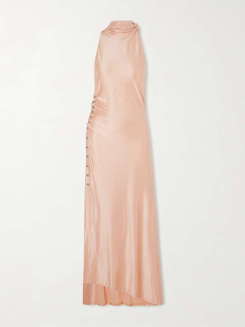 Rabanne Embellished Gathered Satin Midi Dress