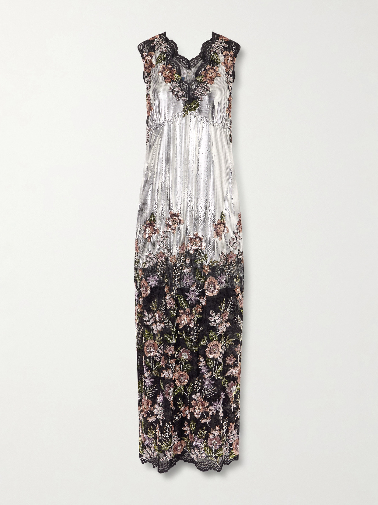 Rabanne Embellished Lace-trimmed Chainmail Midi Dress In Silver