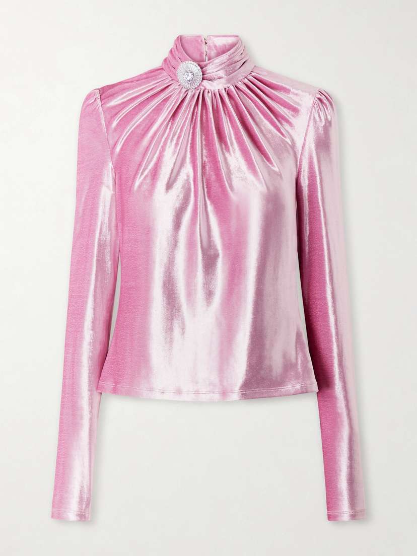 Rabanne Crystal-embellished Gathered Velvet Turtleneck Blouse