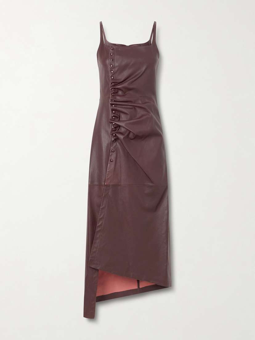 Rabanne Asymmetric Ruched Leather Midi Dress